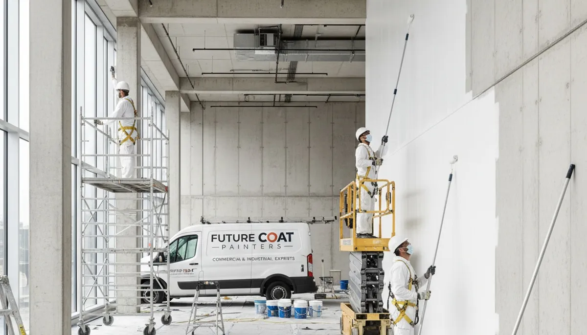 Commercial painting crew in Oakland, CA applying durable coatings to a business exterior