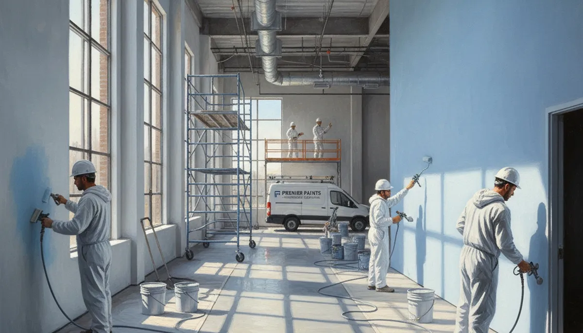 Commercial painting crew painting an Oakland, CA office exterior with weather-resistant coatings