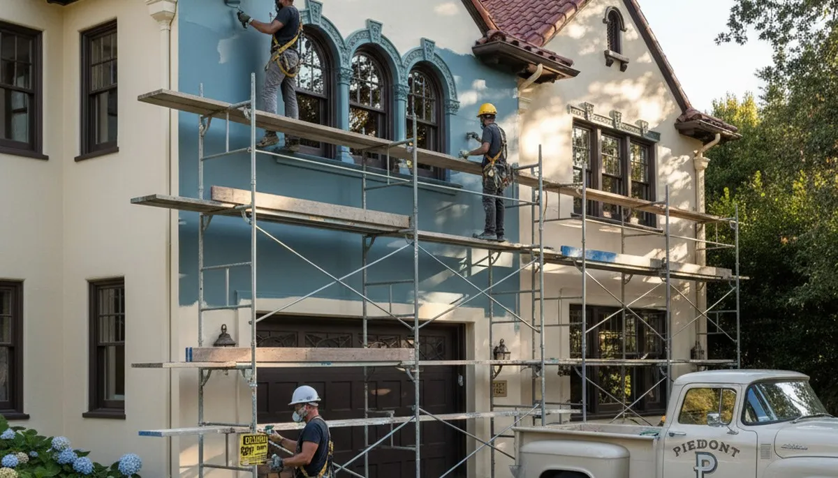Painting contractors in Oakland, CA preparing a house exterior for a fresh paint job